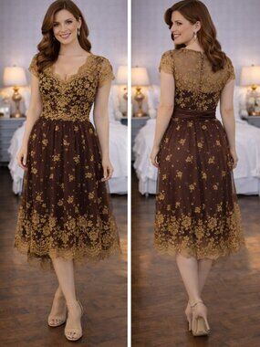 Collette Dinnigan Gold Brown Lace Designer Midi Dress $1500